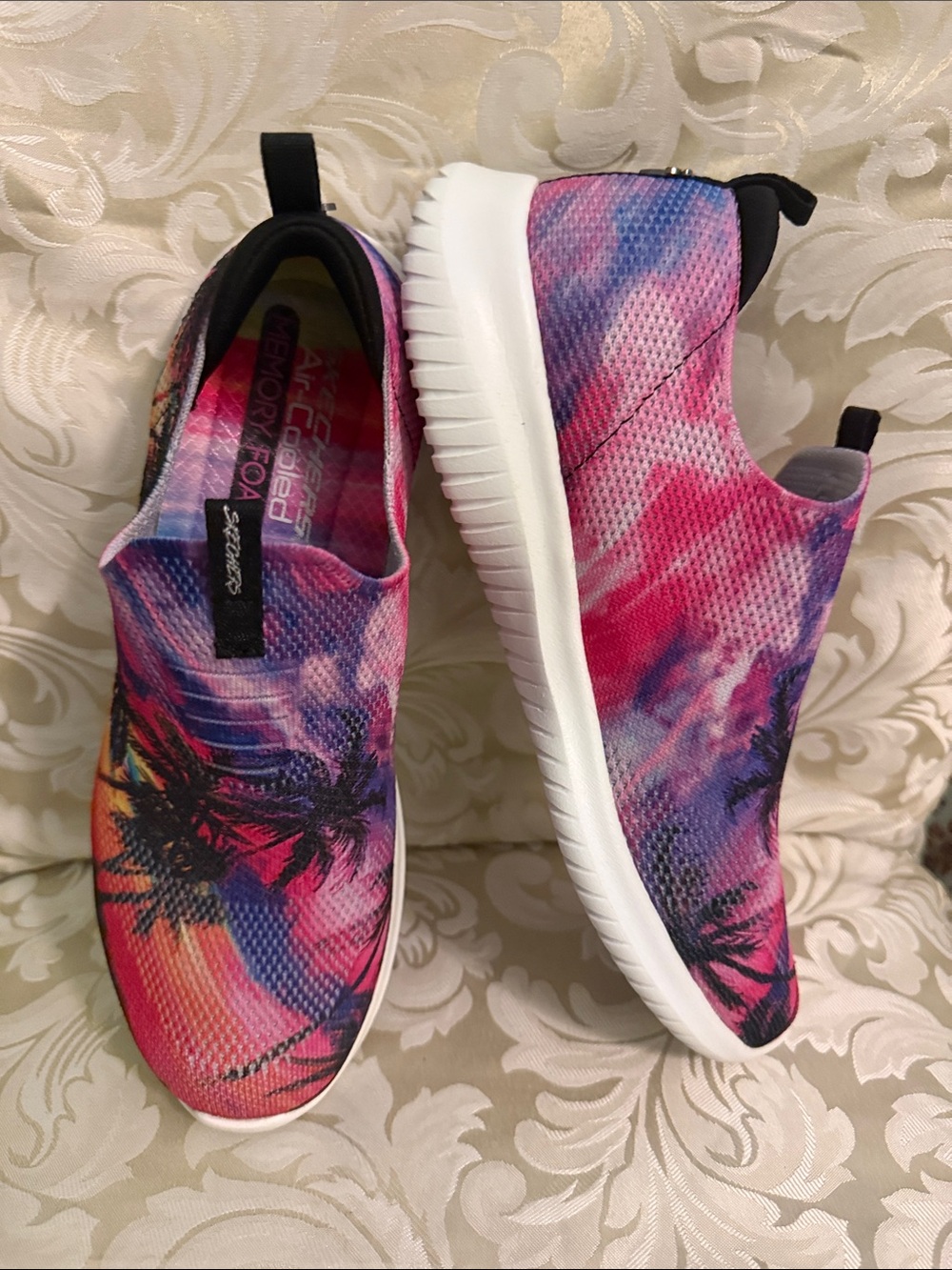 Skechers Slip-On Sneakers in Pink, Purple & Blue Tropical Print